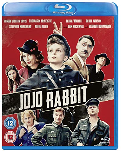 Jojo Rabbit" Blu-ray cover featuring a young boy and adult characters in uniform.
