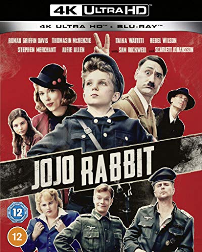 Jojo Rabbit movie poster featuring the cast on a red background.