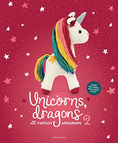 Book cover featuring a crocheted white unicorn with a rainbow mane on red background.