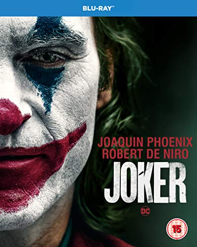 Joker" Blu-ray cover featuring Joaquin Phoenix in clown makeup.