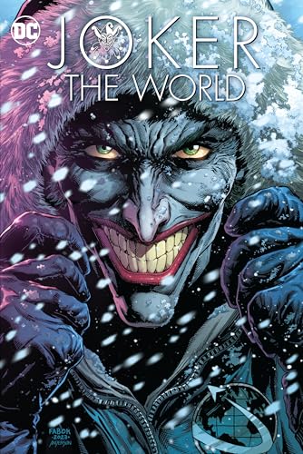 Close-up of the Joker with a sinister grin, snowflakes falling around him.