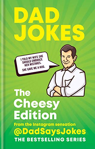 Book cover with cartoon dad and speech bubble, titled “Dad Jokes.”