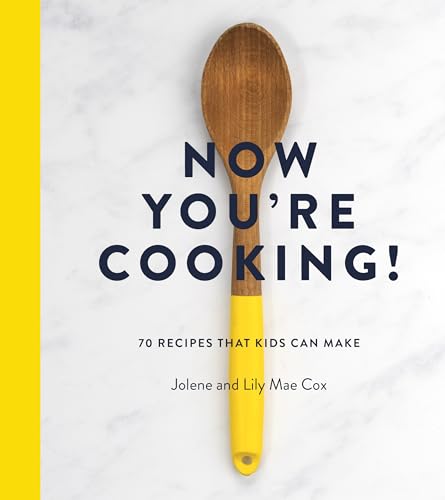 Cookbook cover with wooden spoon, bold blue text, and marble background.