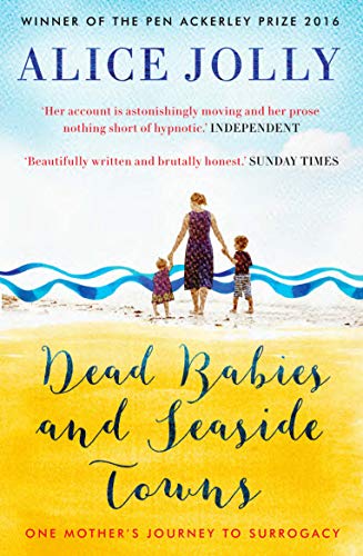 Book cover: woman with two children on a beach, yellow and blue tones.