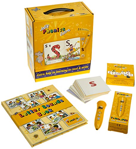 Yellow Jolly Phonics Extra learning kit with cards, book, and pen.