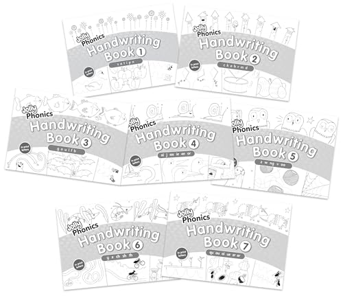 Seven black and white "Jolly Phonics Handwriting" books stacked at angles.