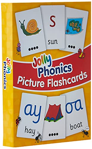 Box of Jolly Phonics picture flashcards showing sample cards with letters, words, and illustrations.