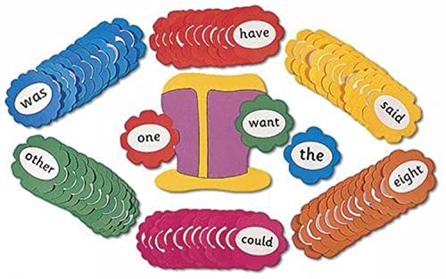 Stacks of colorful flower-shaped cards featuring precursive tricky words and a central hat shape.