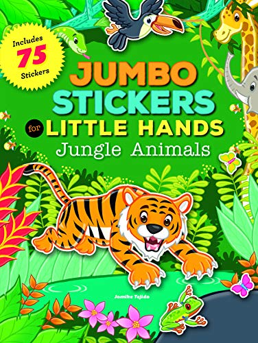 Jungle animal sticker book cover featuring a tiger, toucan, and giraffe.