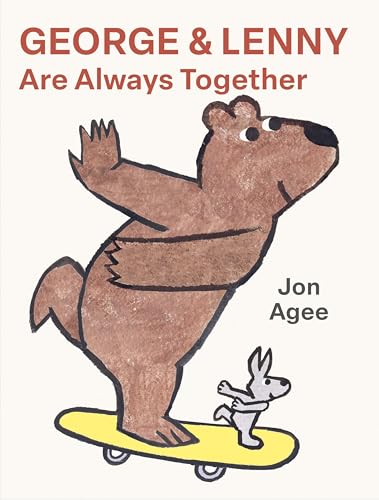 A brown bear and a small rabbit ride a yellow skateboard on a book cover.
