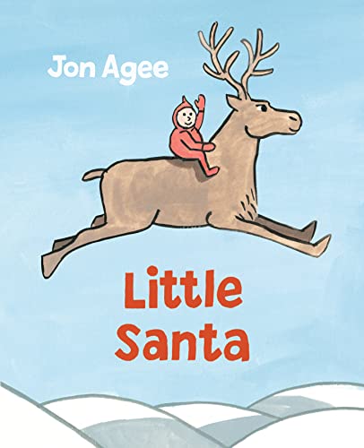 Small Santa riding a reindeer against a blue and white background.