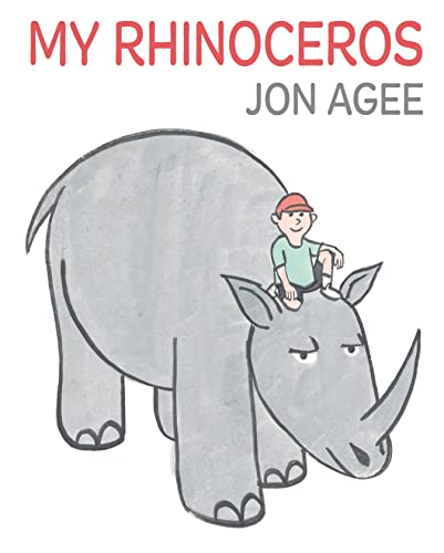 Book cover: a child rides on the back of a gray rhinoceros.