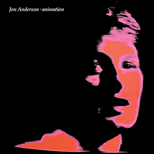 "CD cover with pink-toned portrait of Jon Anderson on a black background."