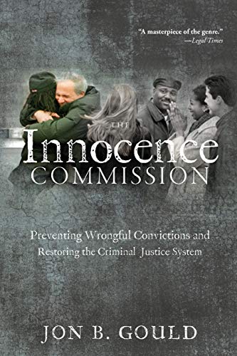 Book cover: "The Innocence Commission" with group photo, dark and textured background.