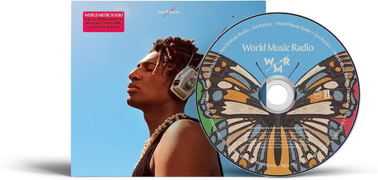 Jon Batiste’s “World Music Radio” CD with butterfly design and portrait.