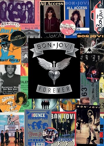 Collage of Bon Jovi concert memorabilia, backstage passes, and photos featuring the band members.