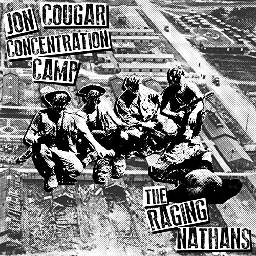 Black and white album cover featuring figures and aerial view imagery.