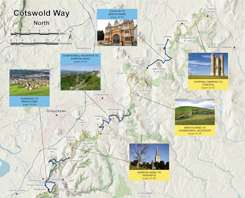 Map of the Cotswold Way hiking trail with photos of landmarks.