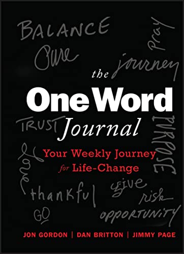 Black journal cover with white and red handwritten words, titled "One Word Journal".