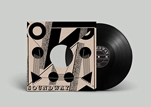 Vinyl record with abstract black and beige cover, partially showing black vinyl disc.