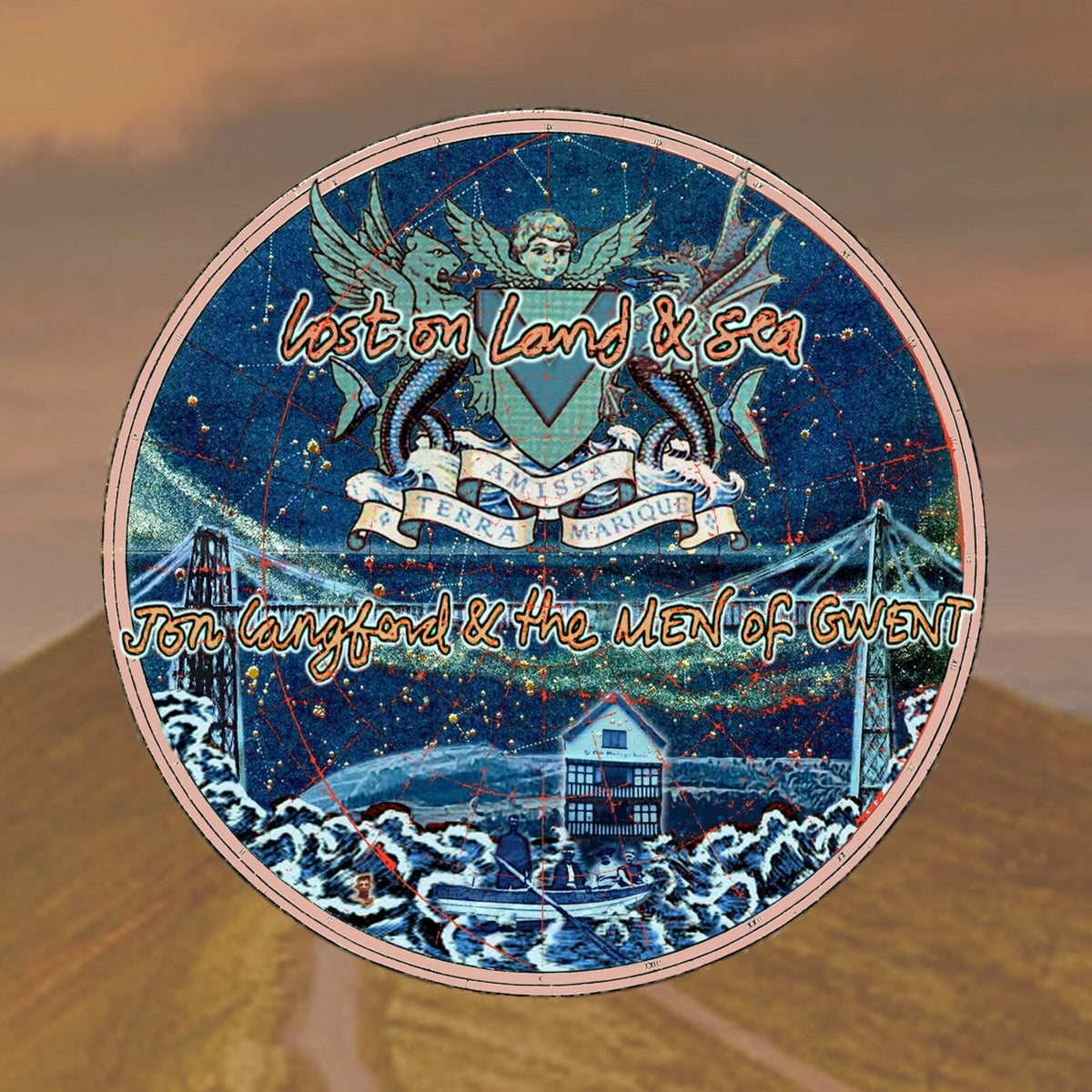 Circular vinyl record cover featuring a nautical crest and coastal scene.