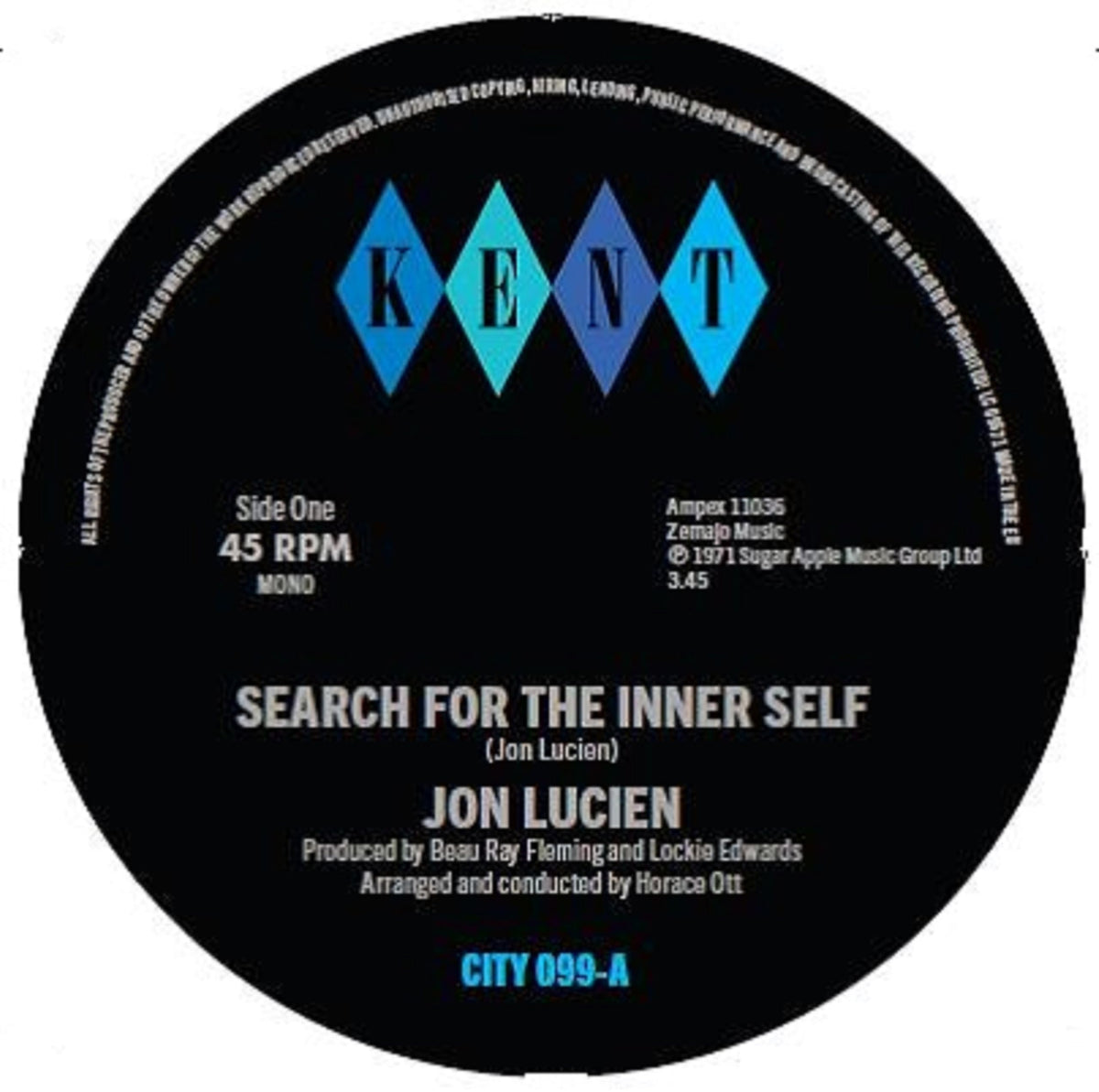 Black vinyl record label with blue geometric design and white text.