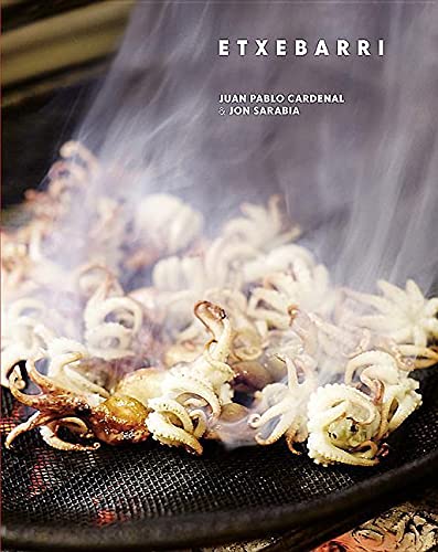 Book cover titled Etxebarri showing small octopuses grilling over an open flame with smoke.