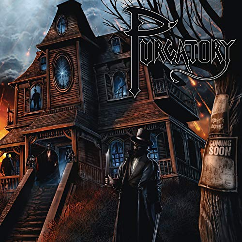 Album cover art for "Purgatory" featuring a haunted house with ghostly figures and a man.
