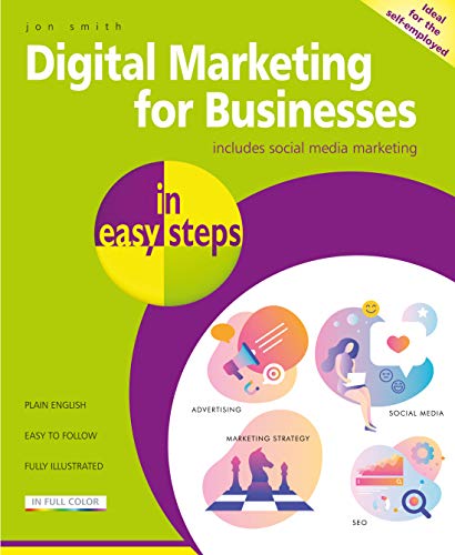 "Book cover with green and purple background, titled 'Digital Marketing for Businesses in easy steps'."