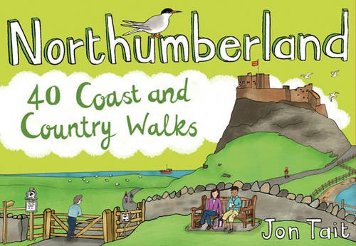 Book cover: Northumberland walks guide with illustrated coastal castle scene.