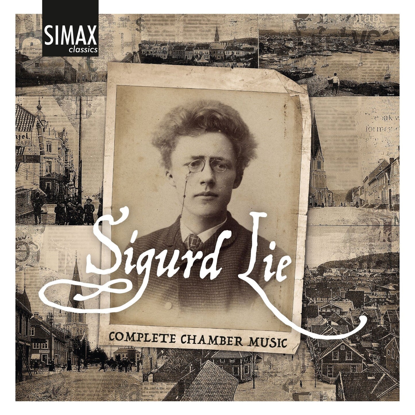 CD cover featuring a vintage portrait of composer Sigurd Lie with architectural sketches.