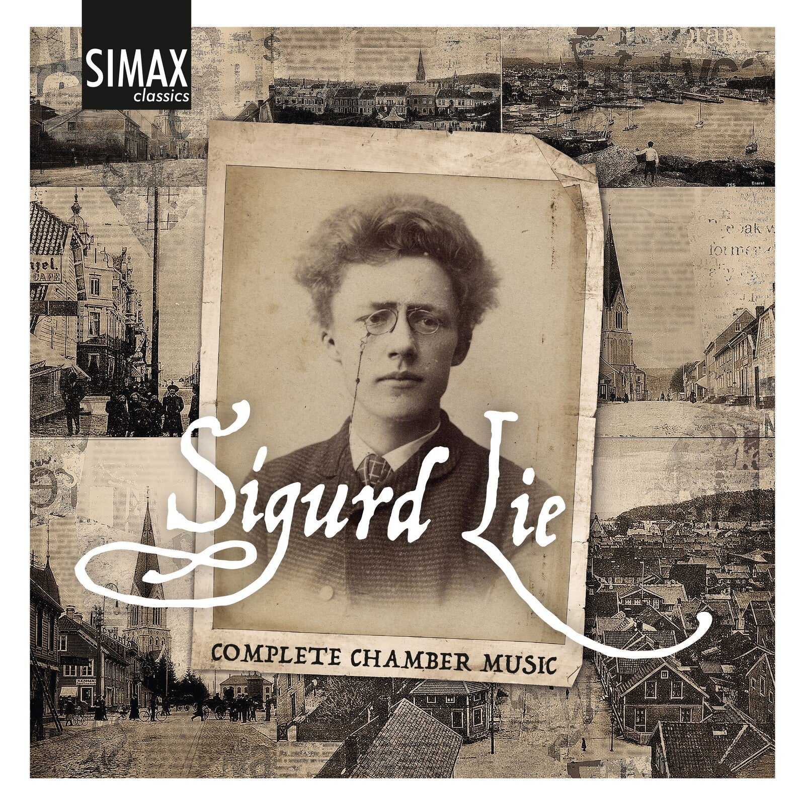 CD cover featuring a vintage portrait of composer Sigurd Lie with architectural sketches.