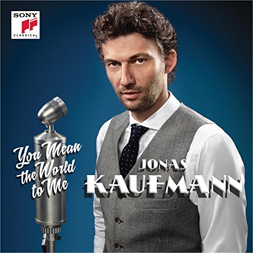 Jonas Kaufmann portrait with vintage microphone, album cover for “You Mean the World to Me.”