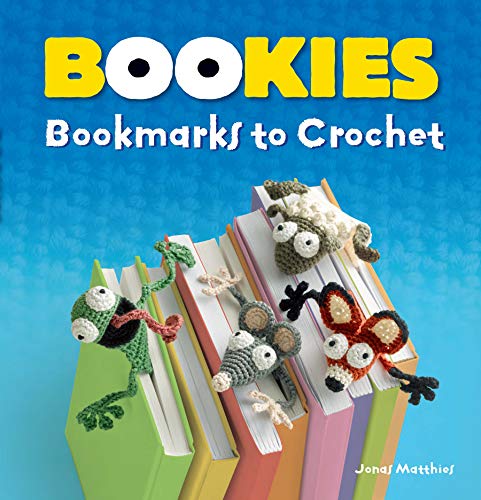 Book cover with crocheted animal bookmarks on stacked books.
