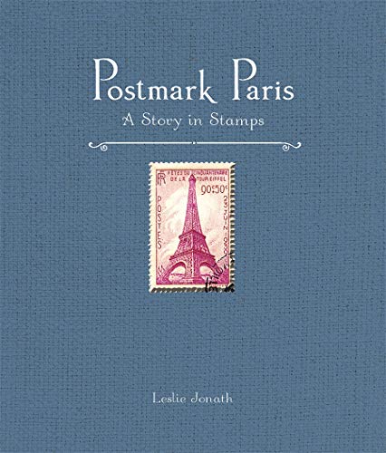 Book cover: "Postmark Paris" featuring a vintage French postage stamp of the Eiffel Tower.