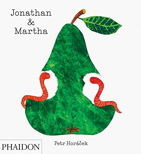 Green pear with two red worms emerging from holes, book cover.