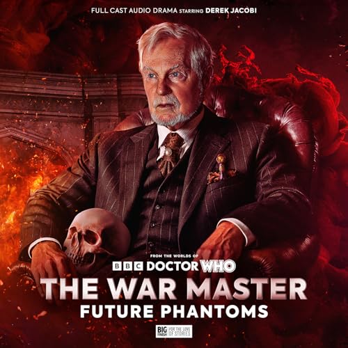 Derek Jacobi as The War Master, seated with a skull, fiery background.
