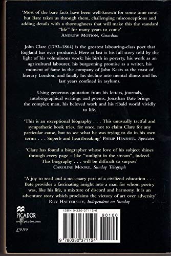 Back cover of “John Clare” book with text, barcode, and publisher logo.