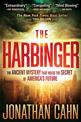 Book cover: “The Harbinger” with a city skyline and stormy sky.