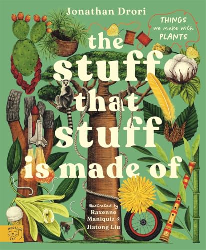 Book cover with illustrated plants, objects, and a lemur on a tree trunk.