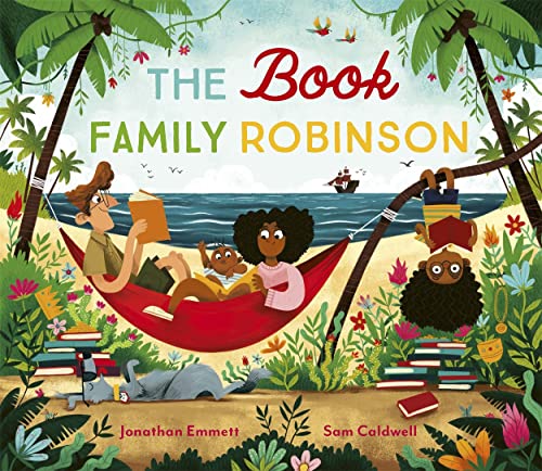 Family relaxing in a hammock on a beach, illustrated book cover.