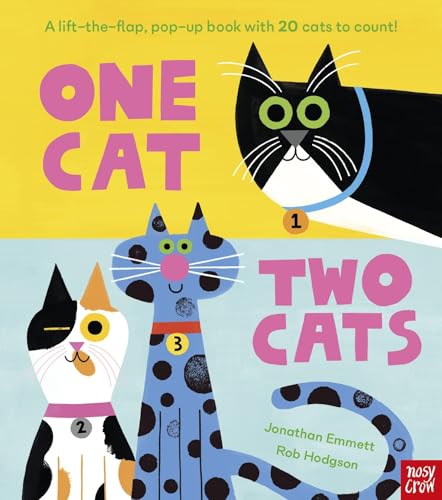 Book cover featuring three stylized, colorful cats and the title One Cat, Two Cats.