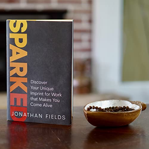 BookHHHS Book titled Sparked by Jonathan Fields next to a small wooden bowl.