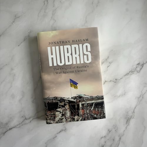 Book cover: "Hubris" with Ukrainian flag and war-torn building imagery.