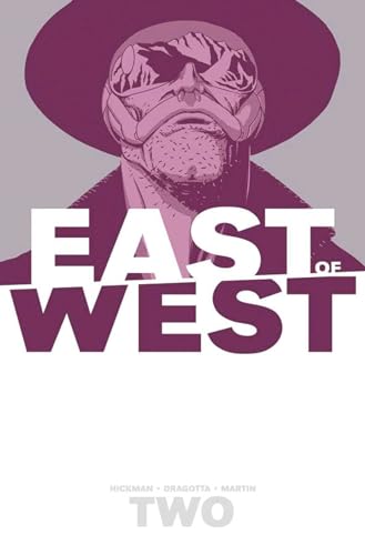 Comic book cover: shadowed face with hat, bold “East of West” title.