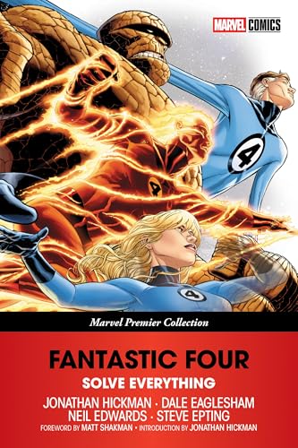 The Fantastic Four team members in action on a red and white book cover.