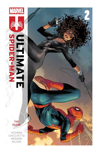 Spider-Man and a woman in a black suit swing through the air together.