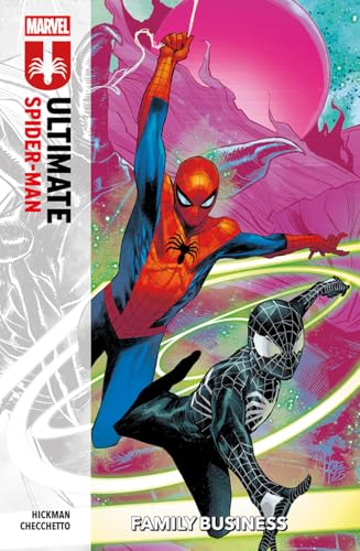 Spider-Man in red and blue and a black-suited Spider-Man pose against pink background.