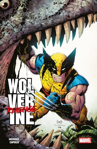 Wolverine with claws, facing a large dinosaur’s open mouth and teeth.