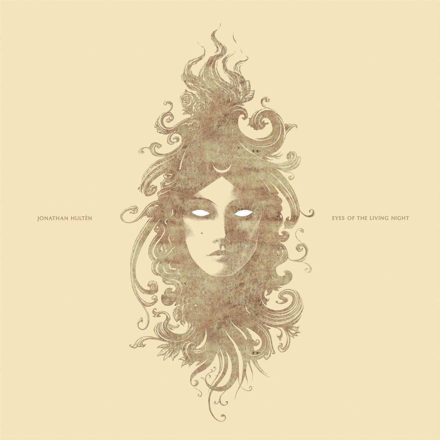 Vintage-style illustration of a face with ornate, swirling hair and empty eyes.